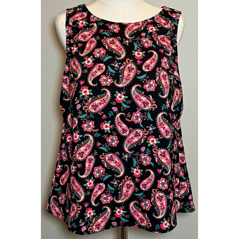 Lands' End Black Pink Paisley High Neck Stretch Swim Top Women 18W Soft Cup EUC